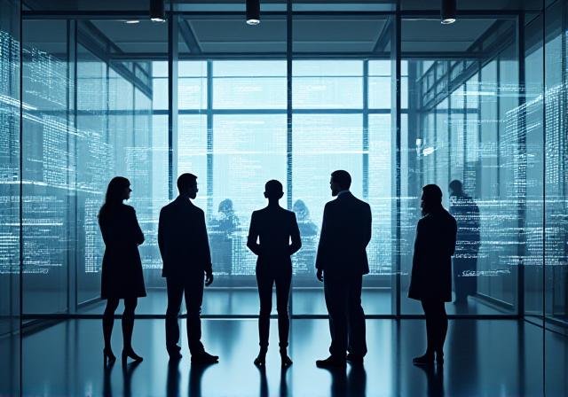 Professional traders analyzing algorithmic workflows on large screens in a clean tech-focused environment